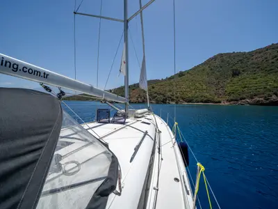 Deck of Elenor, a Jeanneau Sun Odyssey 490 sailboat at Fethiye, Turkey