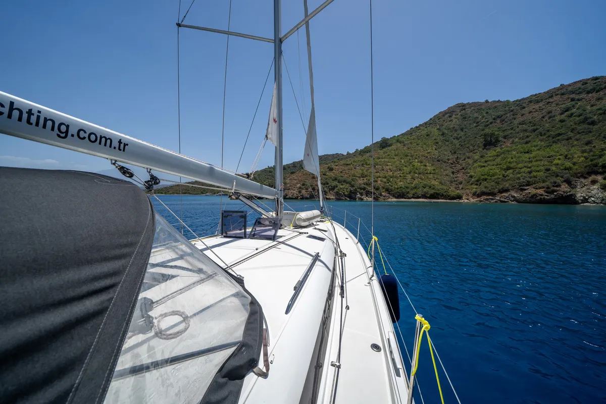 Deck of Elenor, a Jeanneau Sun Odyssey 490 sailboat at Fethiye, Turkey