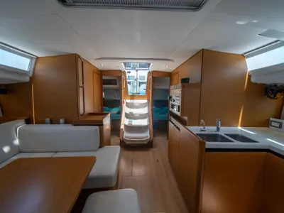 Salon of Elenor, a Jeanneau Sun Odyssey 490 sailboat at Fethiye, Turkey