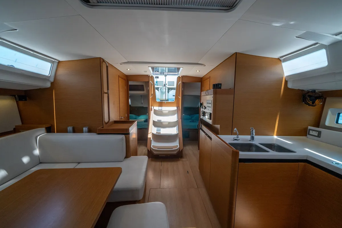 Salon of Elenor, a Jeanneau Sun Odyssey 490 sailboat at Fethiye, Turkey