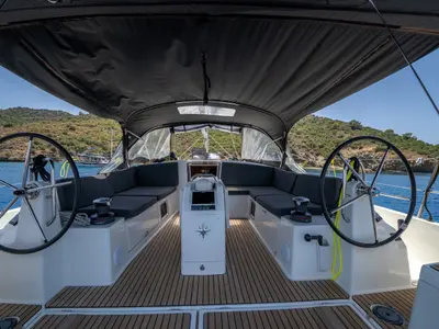 Cockpit of Elenor, a Jeanneau Sun Odyssey 490 sailboat at Fethiye, Turkey