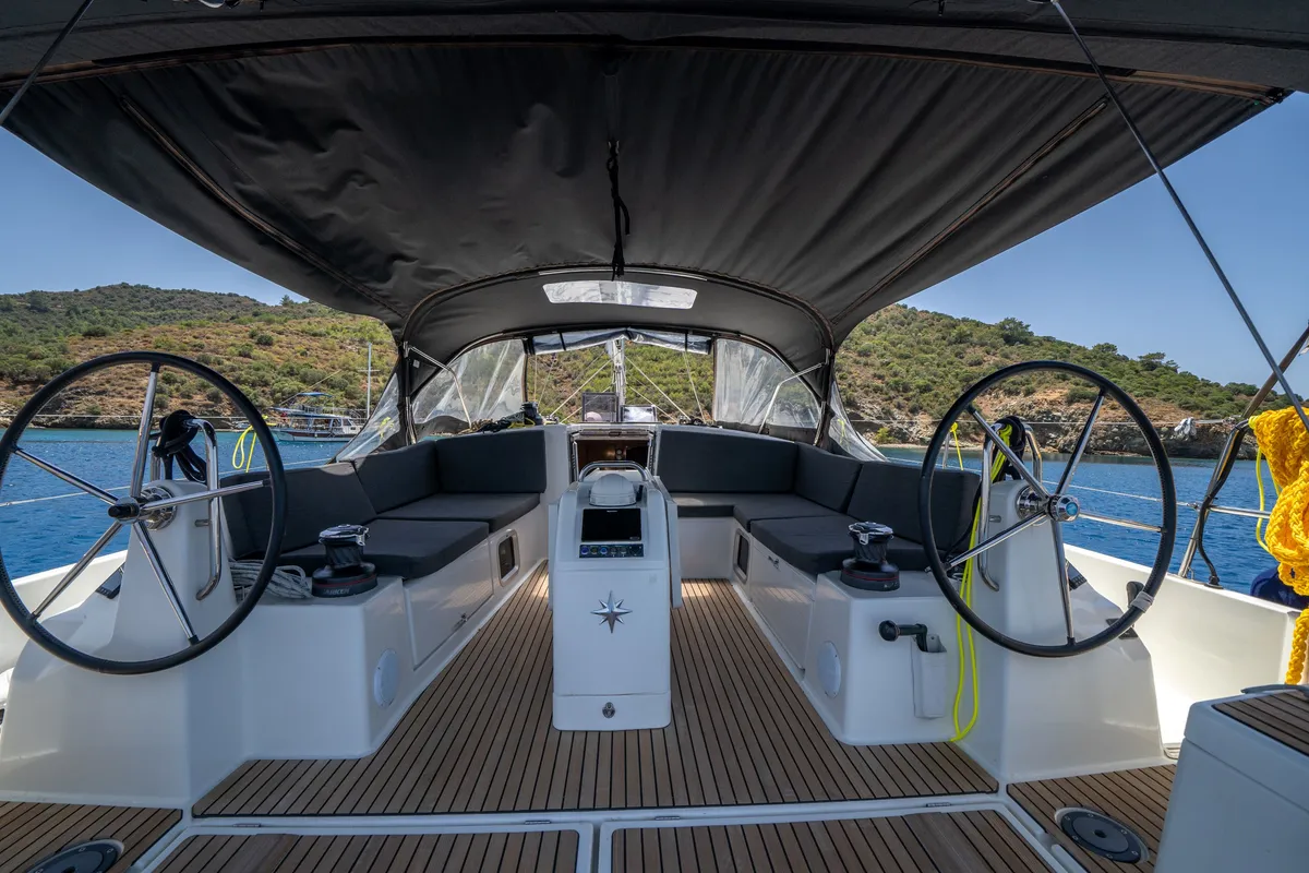 Cockpit of Elenor, a Jeanneau Sun Odyssey 490 sailboat at Fethiye, Turkey
