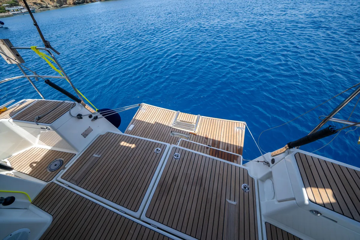 Deck of Elenor, a Jeanneau Sun Odyssey 490 sailboat at Fethiye, Turkey
