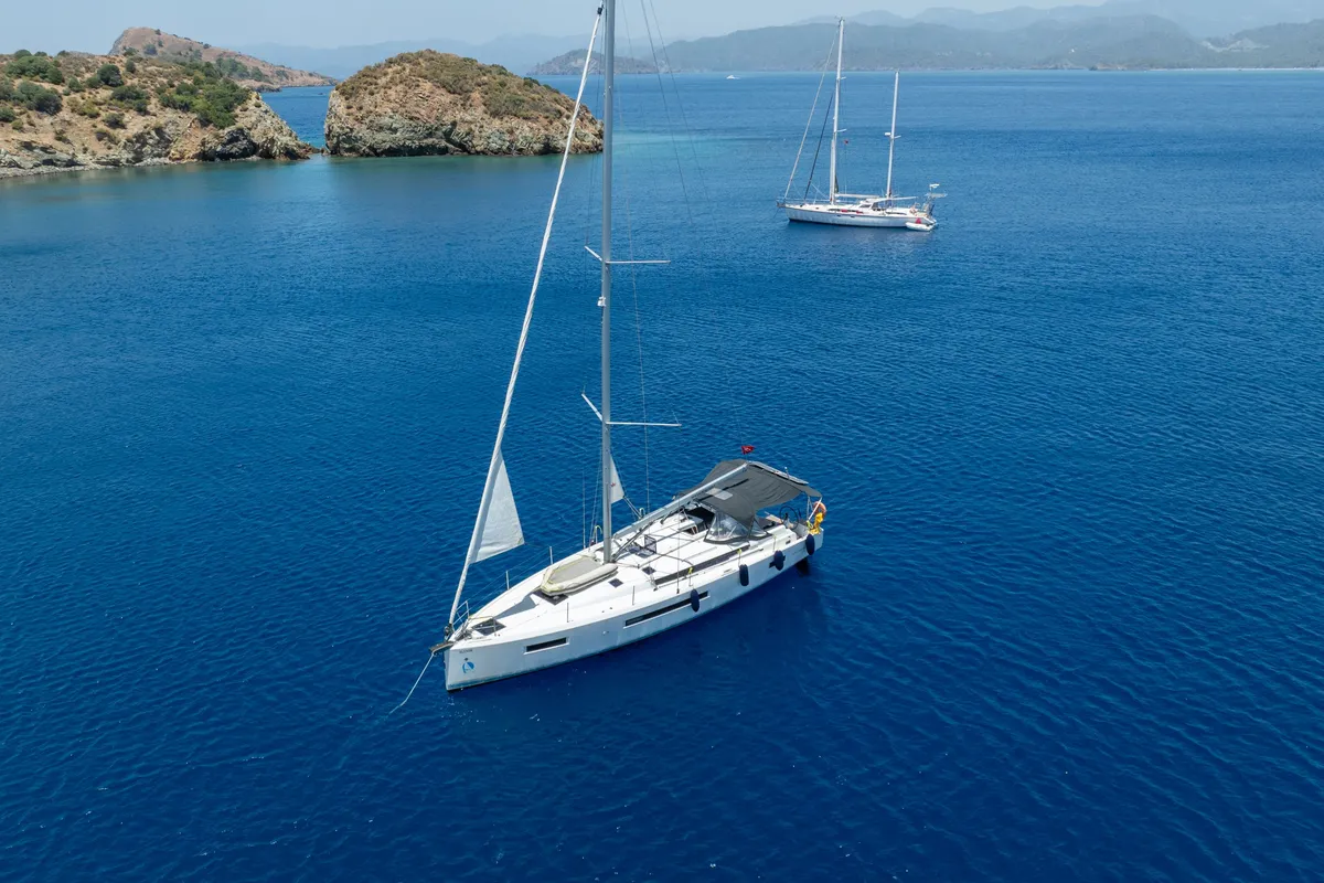 Exterior view of Elenor, a Jeanneau Sun Odyssey 490 sailboat at Fethiye, Turkey