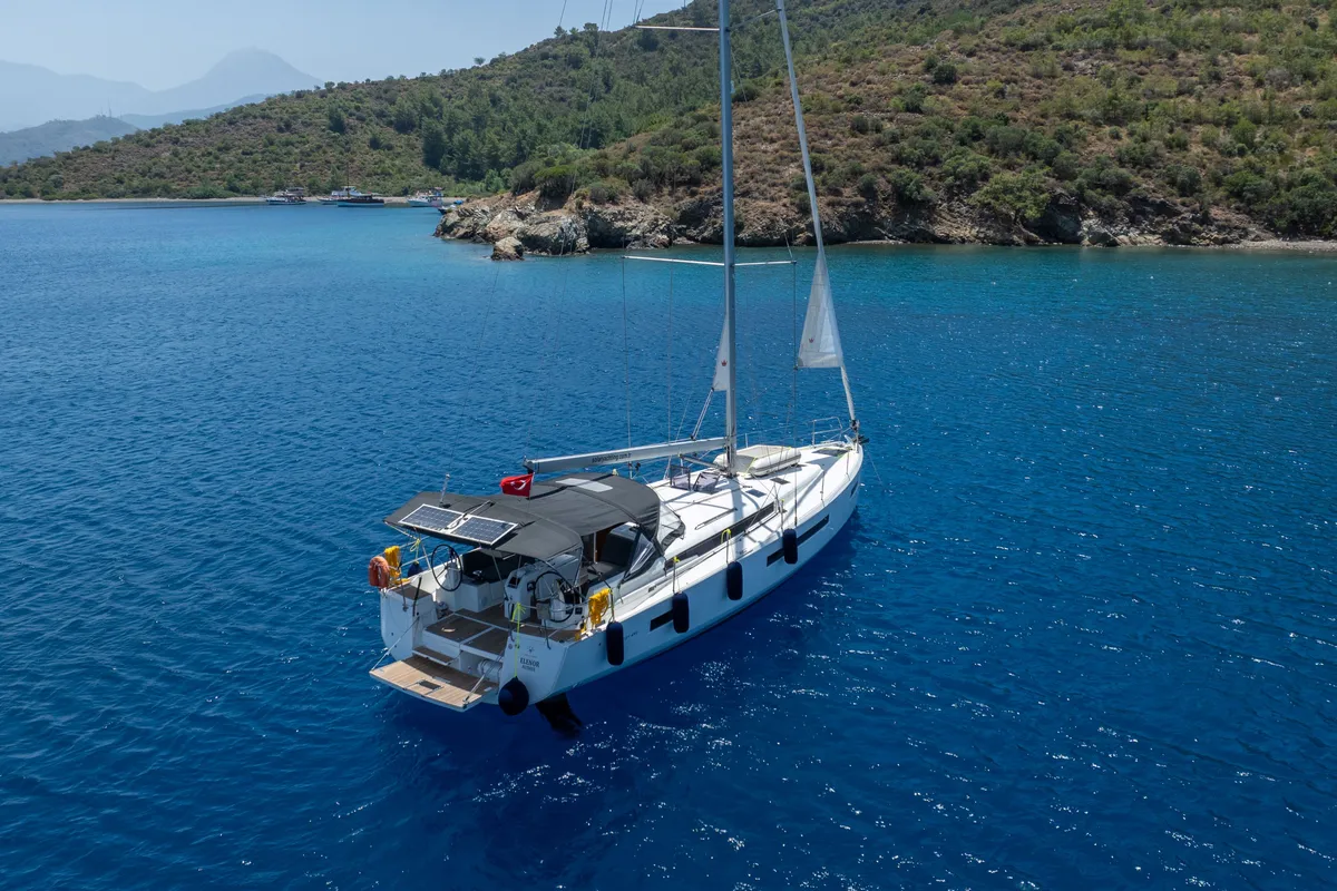 Exterior view of Elenor, a Jeanneau Sun Odyssey 490 sailboat at Fethiye, Turkey