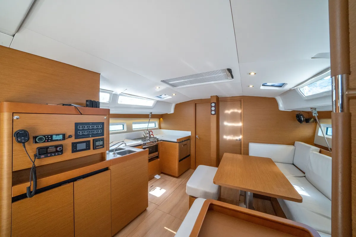 Salon of Elenor, a Jeanneau Sun Odyssey 490 sailboat at Fethiye, Turkey