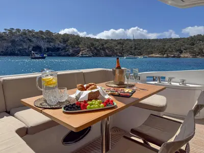 Deck of Not Dead Yet, a Azimut 64 motor yacht at Palma de Mallorca, Spain