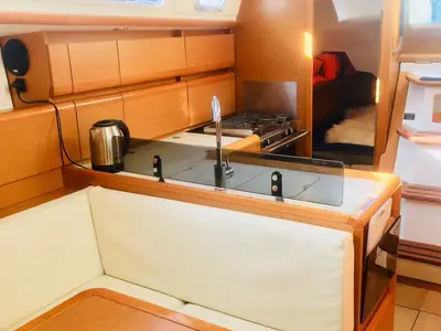 Galley of ARGO, a Jeanneau Sun Odyssey 379 sailboat at Athens, Greece