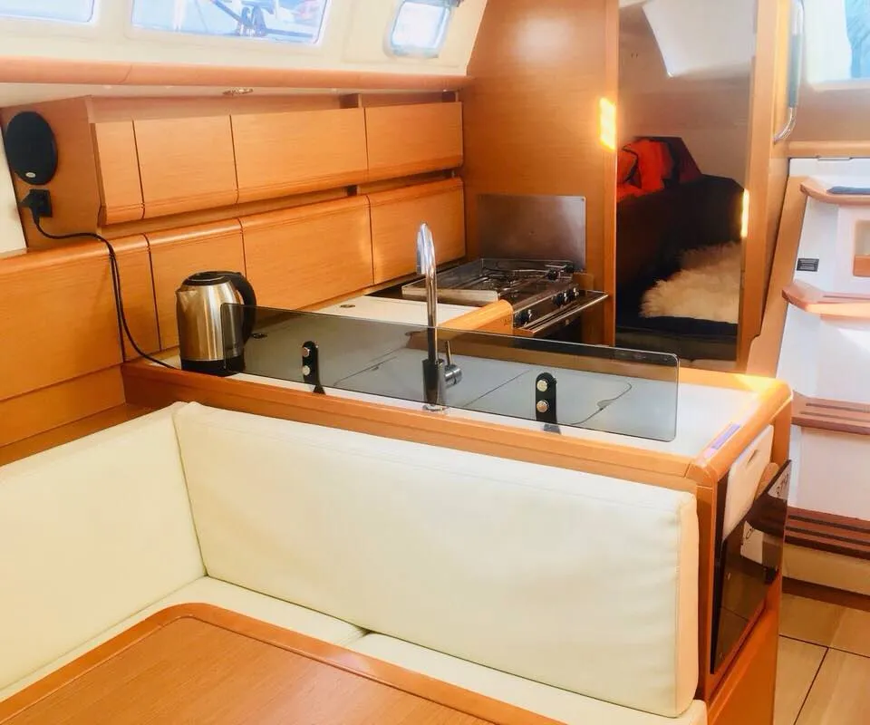Galley of ARGO, a Jeanneau Sun Odyssey 379 sailboat at Athens, Greece