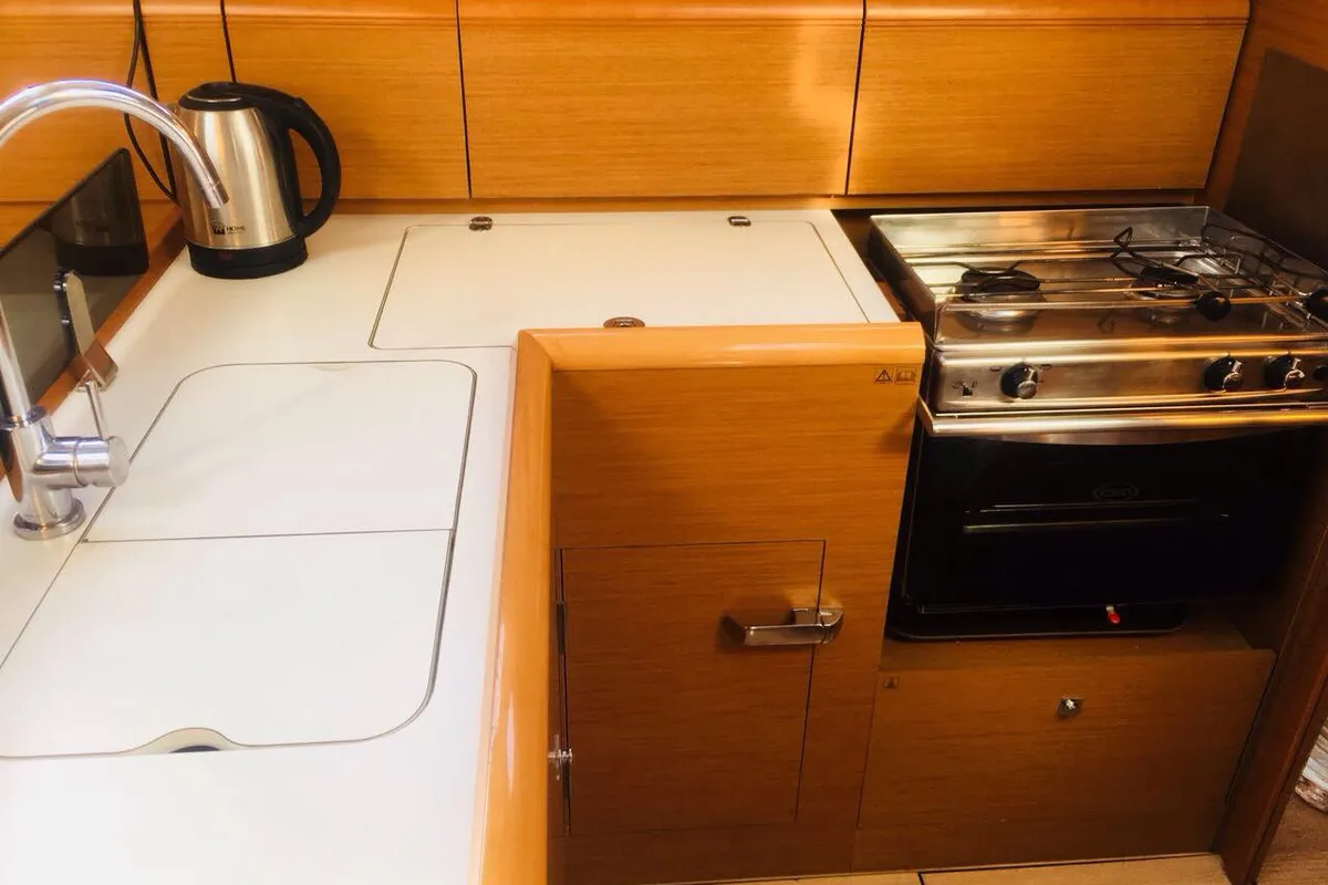 Galley of ARGO, a Jeanneau Sun Odyssey 379 sailboat at Athens, Greece