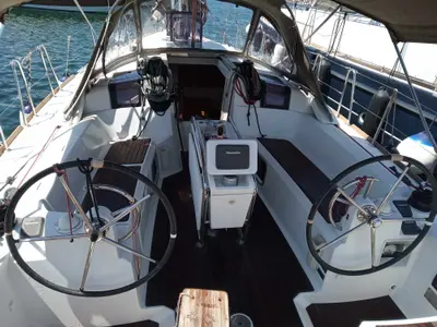 Cockpit of ARGO, a Jeanneau Sun Odyssey 379 sailboat at Athens, Greece