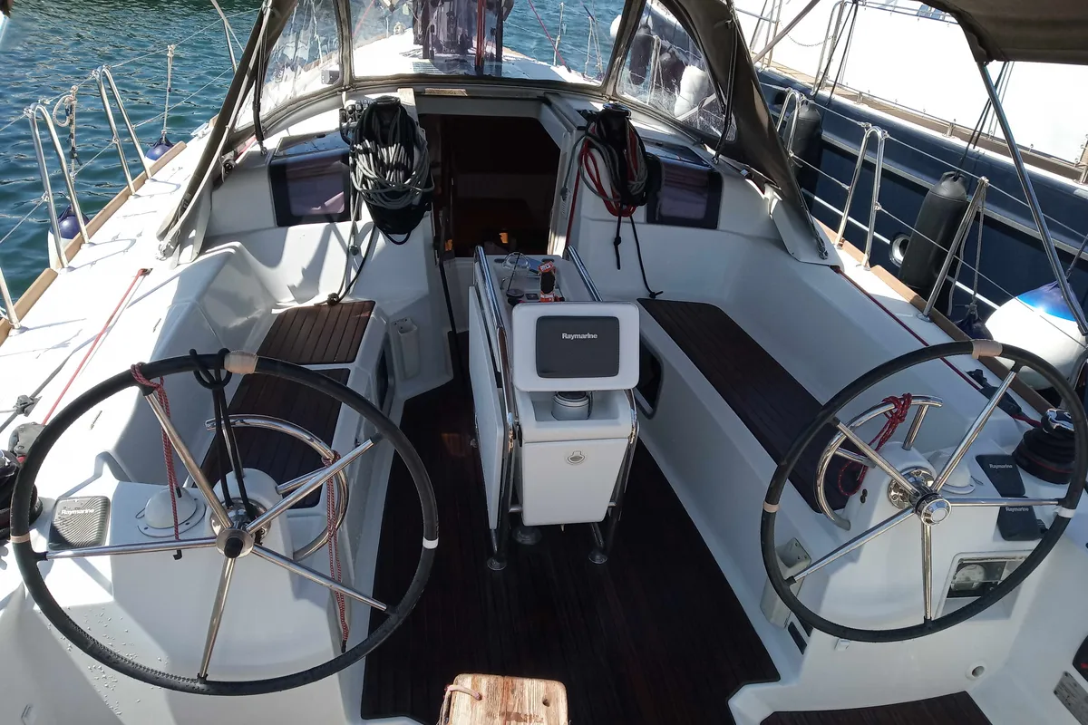 Cockpit of ARGO, a Jeanneau Sun Odyssey 379 sailboat at Athens, Greece