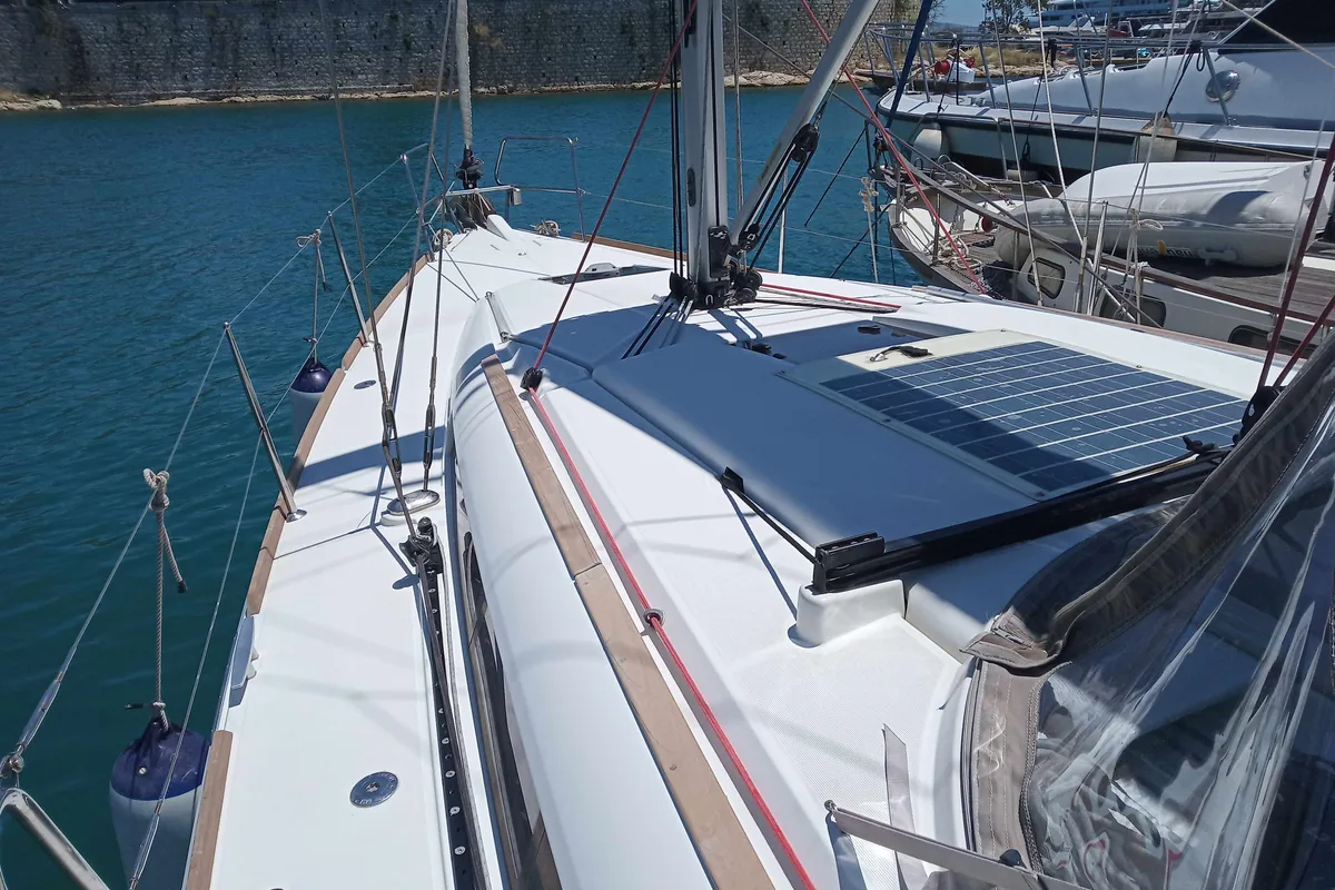 Deck of ARGO, a Jeanneau Sun Odyssey 379 sailboat at Athens, Greece