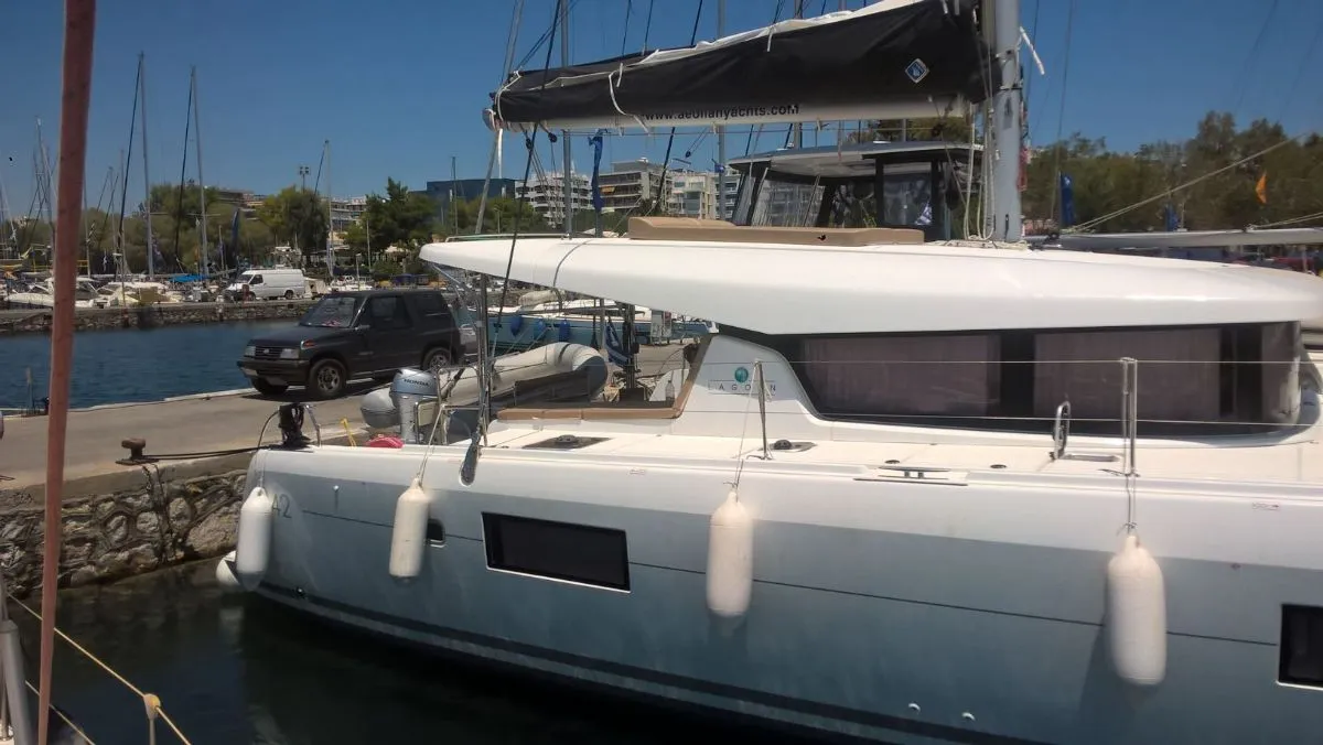 Exterior view of Aeolian Breeze, a Lagoon 42 catamaran at Preveza, Greece