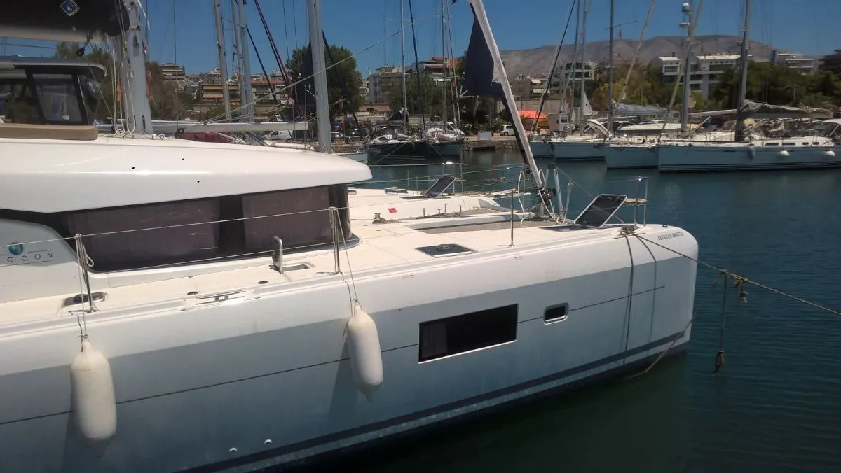Exterior view of Aeolian Breeze, a Lagoon 42 catamaran at Preveza, Greece