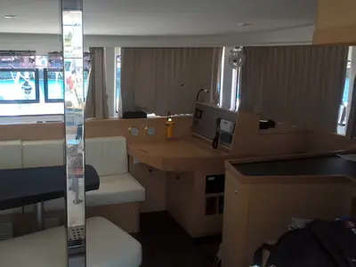 Salon of Aeolian Breeze, a Lagoon 42 catamaran at Preveza, Greece