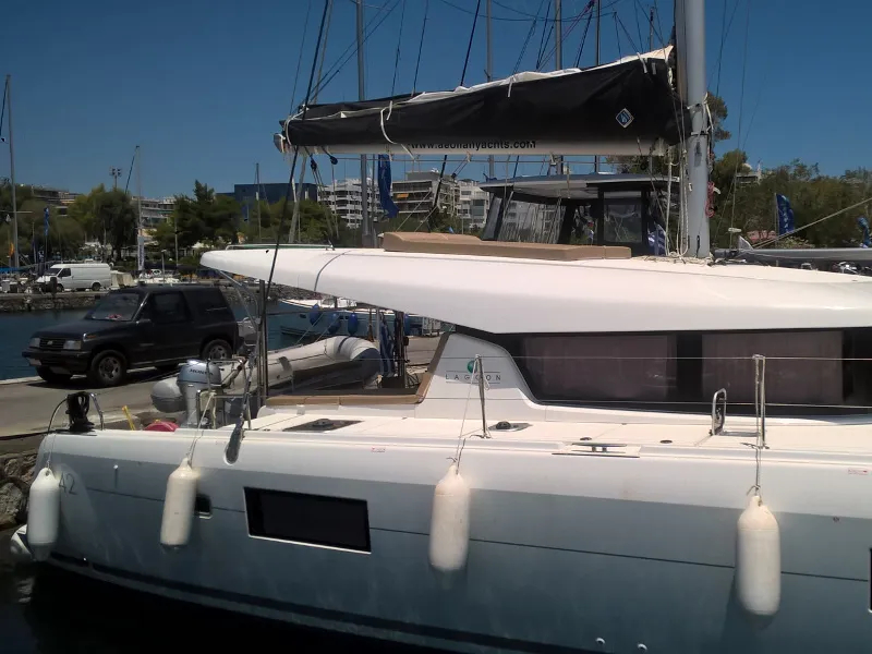 Exterior view of Aeolian Breeze, a Lagoon 42 catamaran at Preveza, Greece
