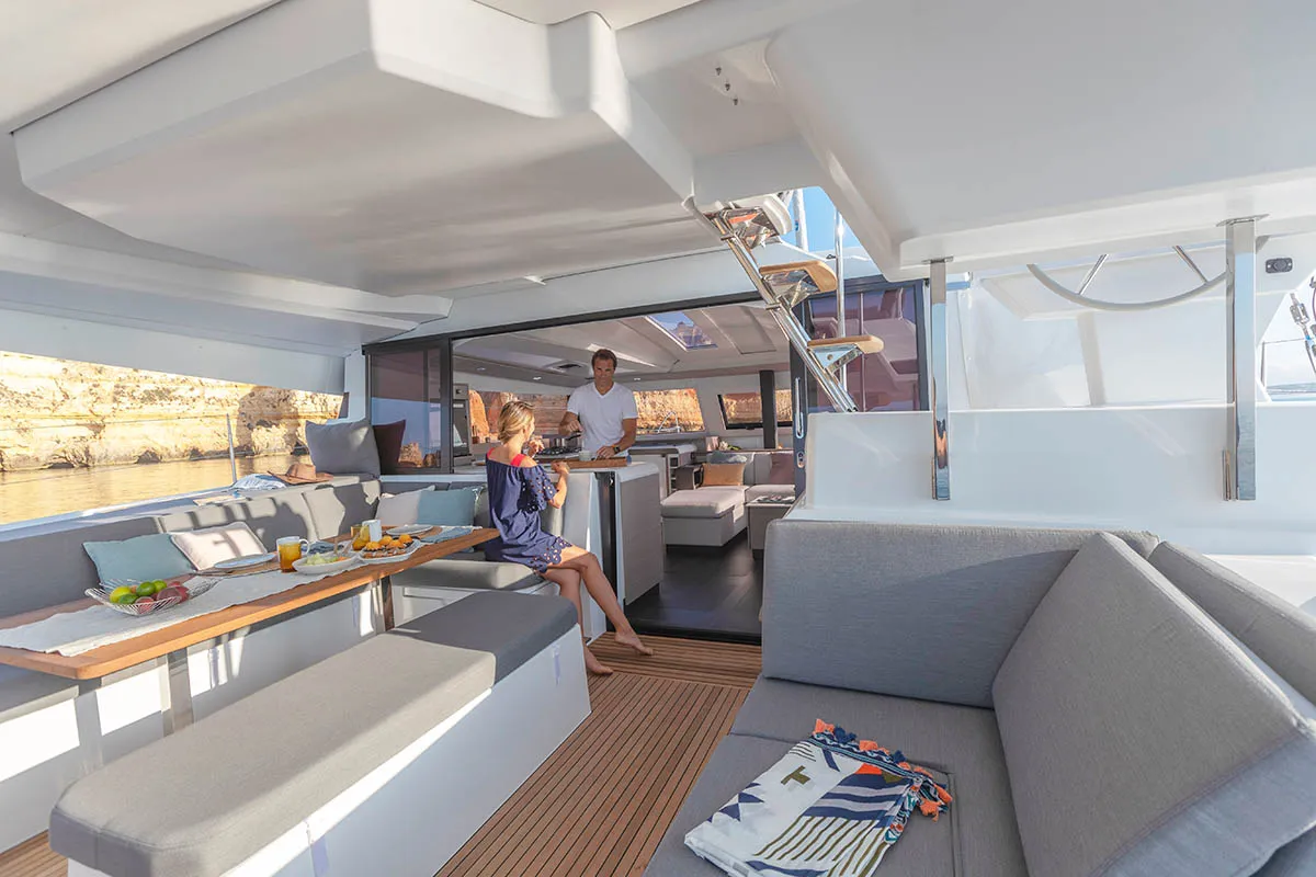 Deck of Cerulean, a Fountaine Pajot Elba 45 catamaran at Dubrovnik, Croatia