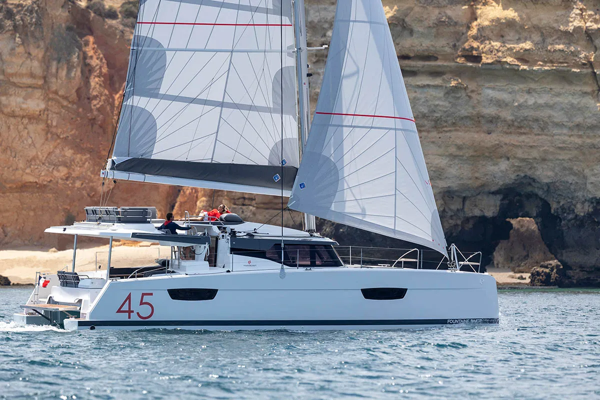 Exterior view of Cerulean, a Fountaine Pajot Elba 45 catamaran at Dubrovnik, Croatia