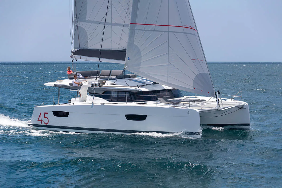 Exterior view of Cerulean, a Fountaine Pajot Elba 45 catamaran at Dubrovnik, Croatia