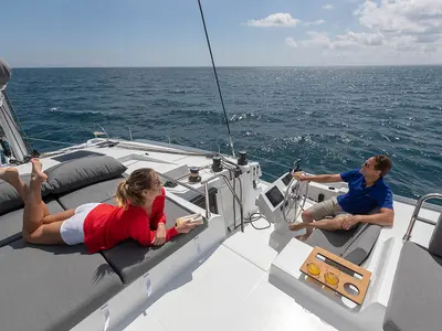 Deck of Cerulean, a Fountaine Pajot Elba 45 catamaran at Dubrovnik, Croatia