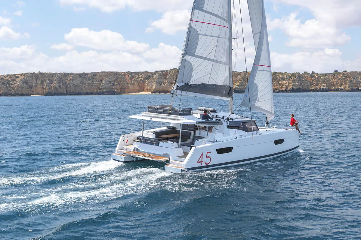 Exterior view of Cerulean, a Fountaine Pajot Elba 45 catamaran at Dubrovnik, Croatia