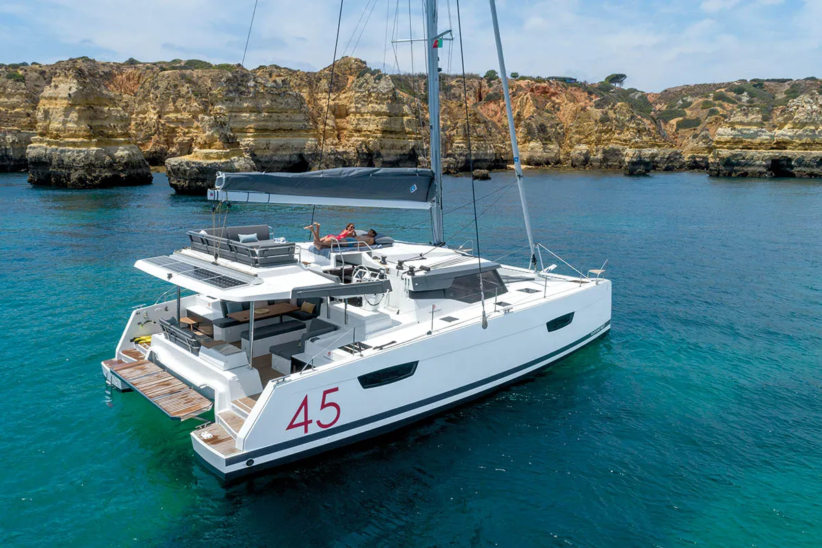 Exterior view of Cerulean, a Fountaine Pajot Elba 45 catamaran at Dubrovnik, Croatia