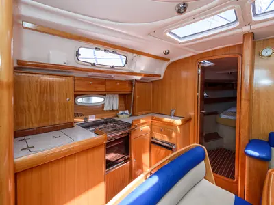Galley of Blue Queen, a Bavaria 42 Cruiser sailboat at Grad Trogir, Croatia