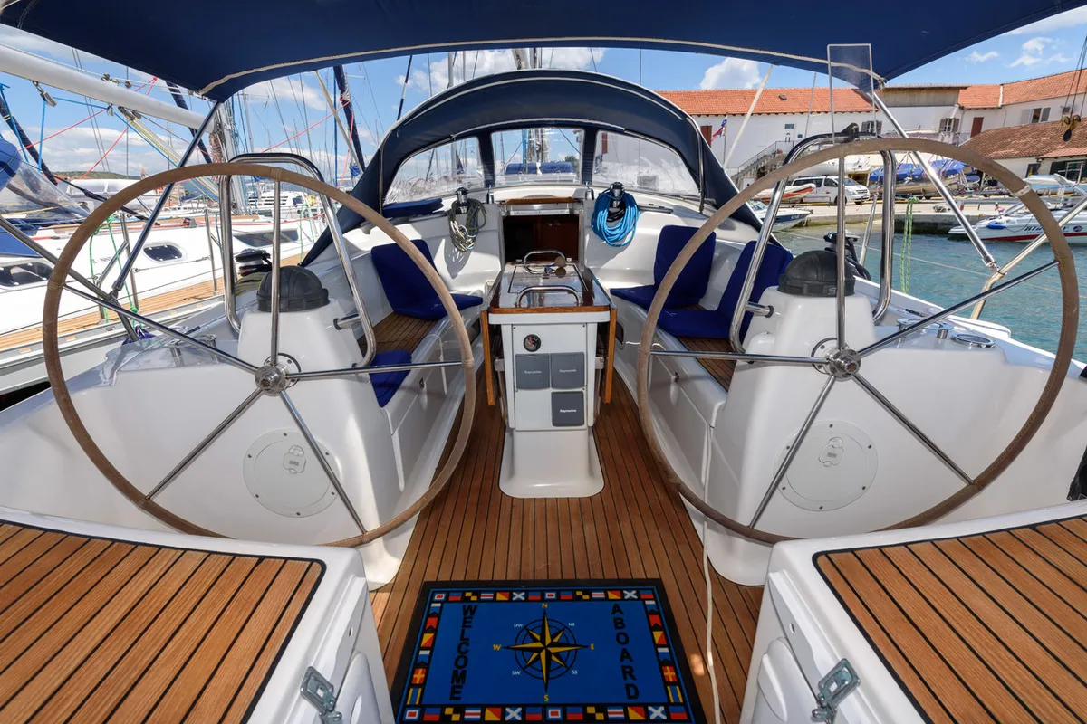 Cockpit of Blue Queen, a Bavaria 42 Cruiser sailboat at Grad Trogir, Croatia