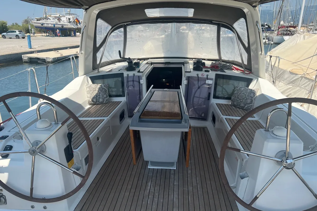 Cockpit of Mala Nevina, a Beneteau Oceanis 41.1 sailboat at Preveza, Greece