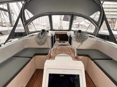 Cockpit of NAYJARA II, a Bavaria C42 sailboat at Cecina, Italy