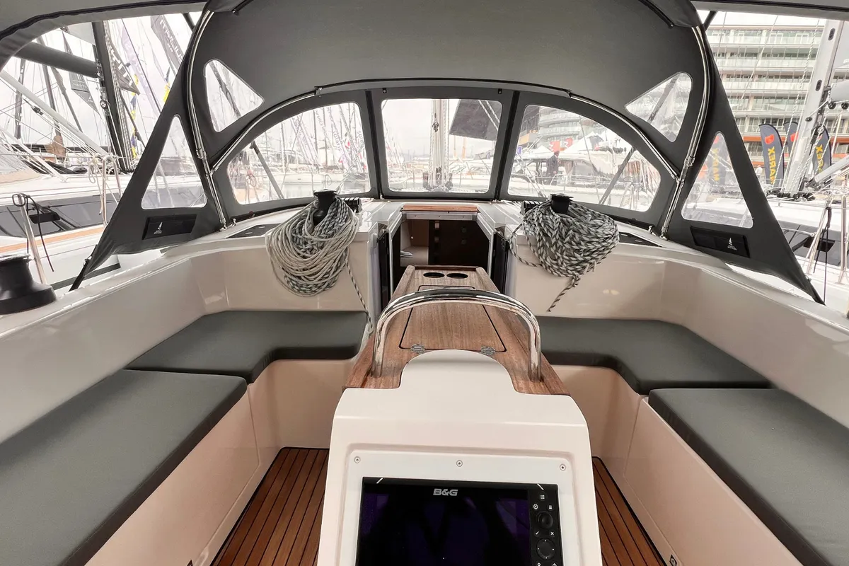 Cockpit of NAYJARA II, a Bavaria C42 sailboat at Cecina, Italy