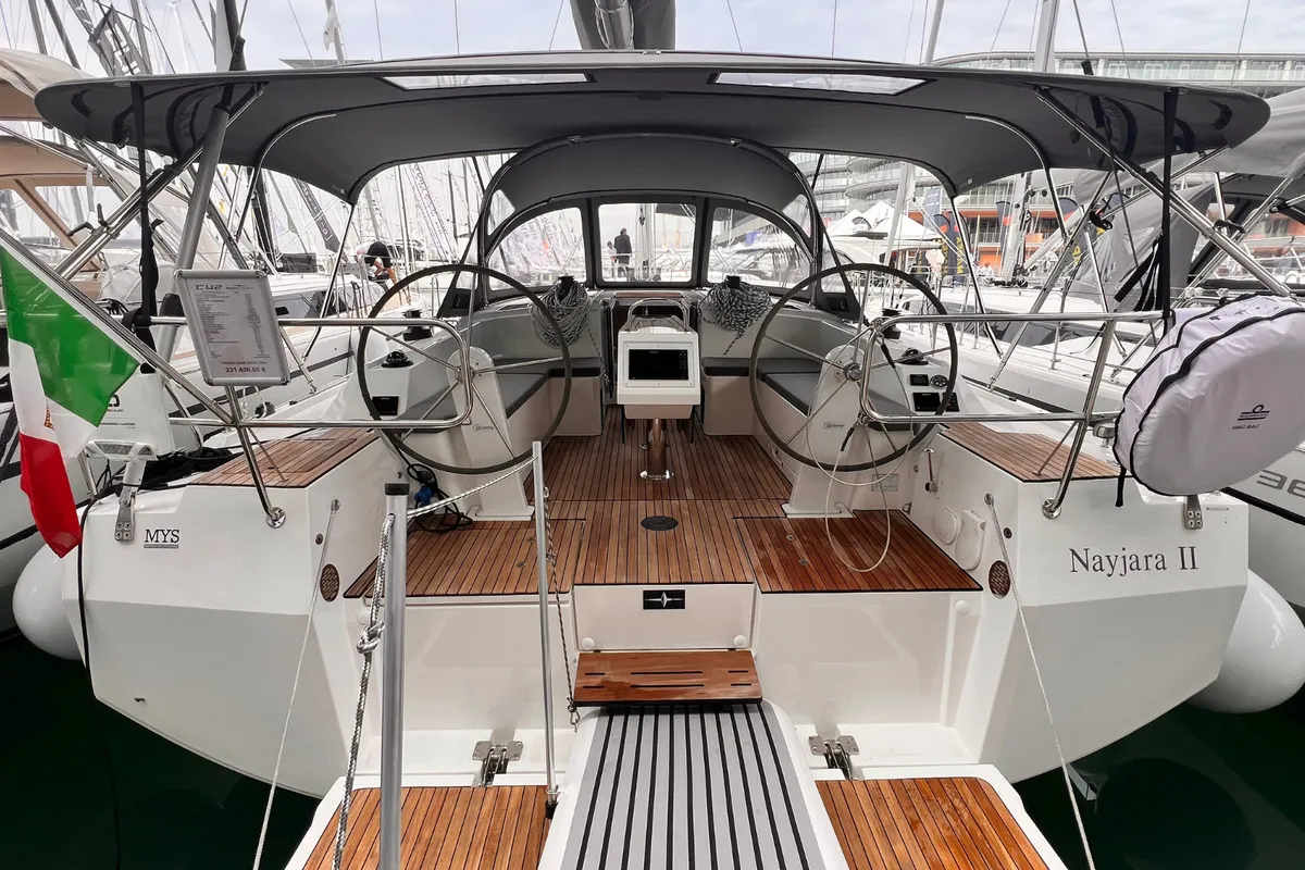 Cockpit of NAYJARA II, a Bavaria C42 sailboat at Cecina, Italy