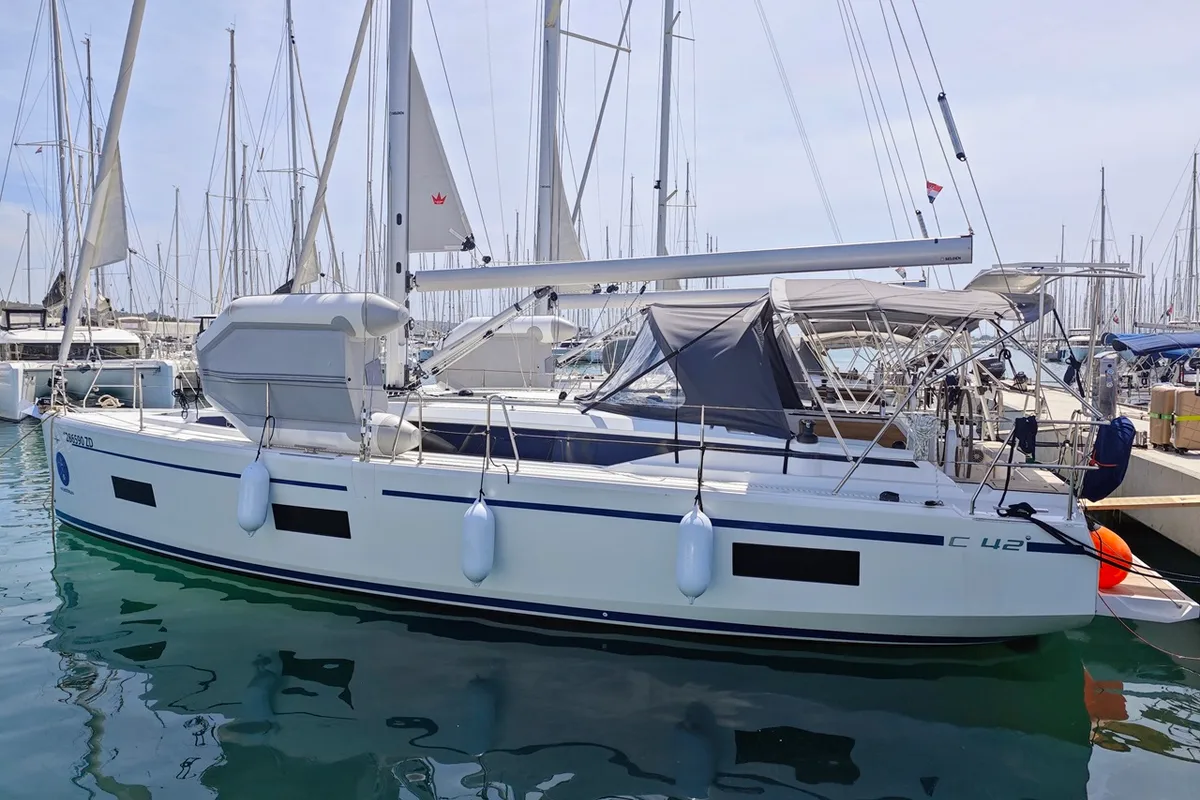 Exterior view of Zen, a Bavaria C42 sailboat at Sukošan, Croatia
