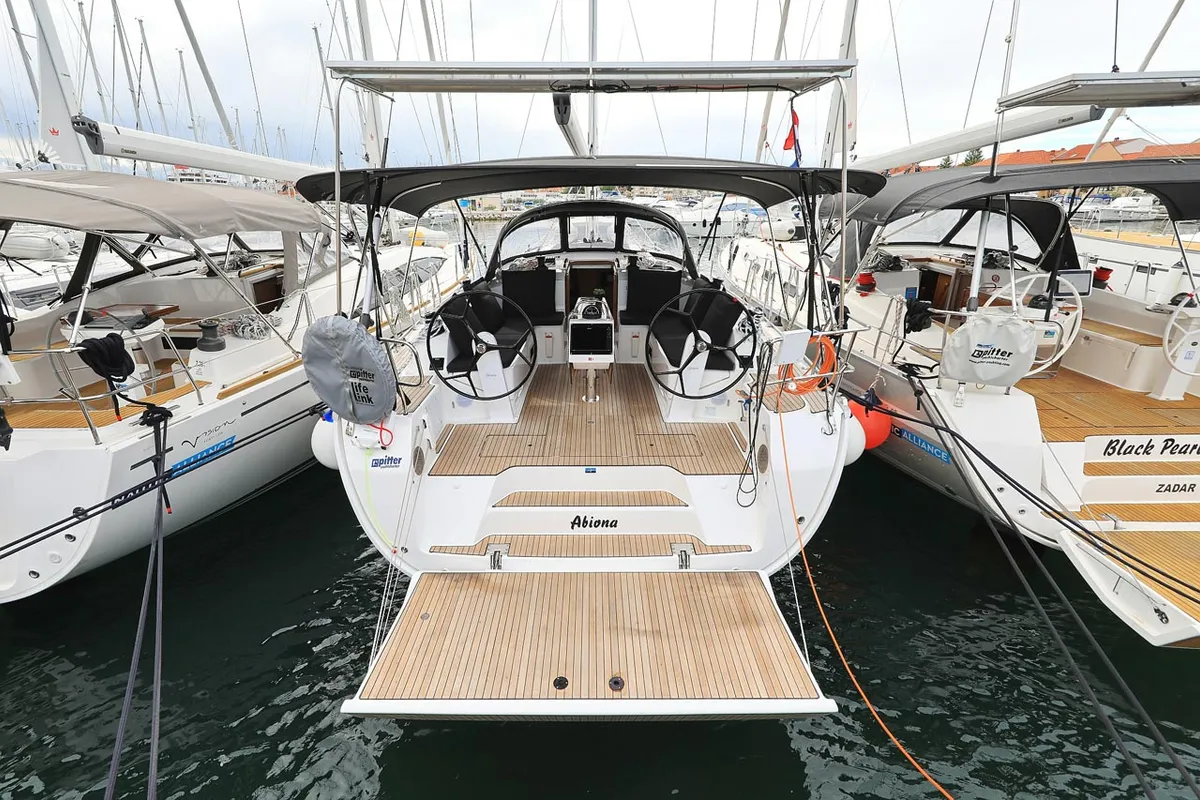 Exterior view of Abiona, a Bavaria Cruiser 46 sailboat at Grad Biograd na Moru, Croatia