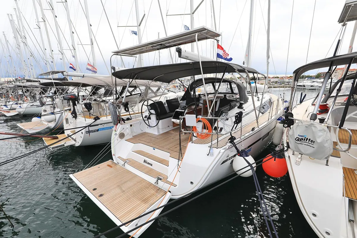 Exterior view of Abiona, a Bavaria Cruiser 46 sailboat at Grad Biograd na Moru, Croatia