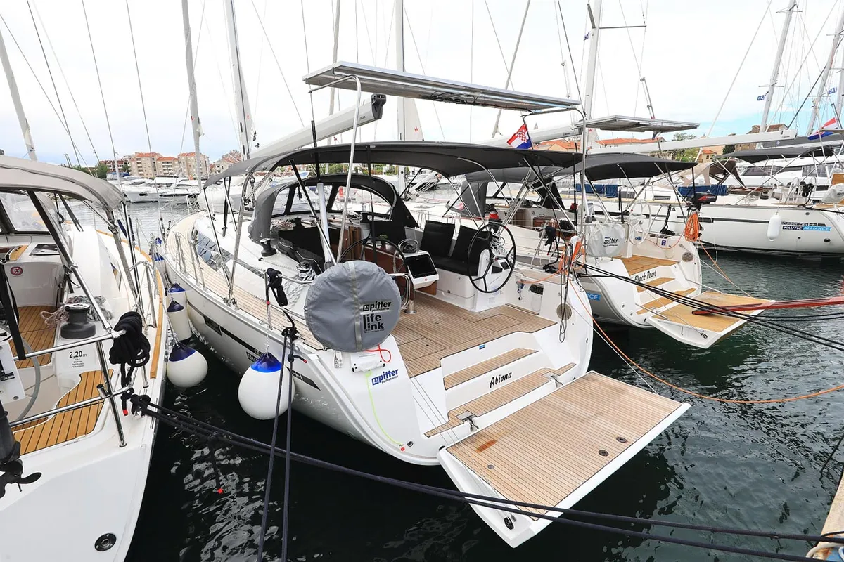 Exterior view of Abiona, a Bavaria Cruiser 46 sailboat at Grad Biograd na Moru, Croatia