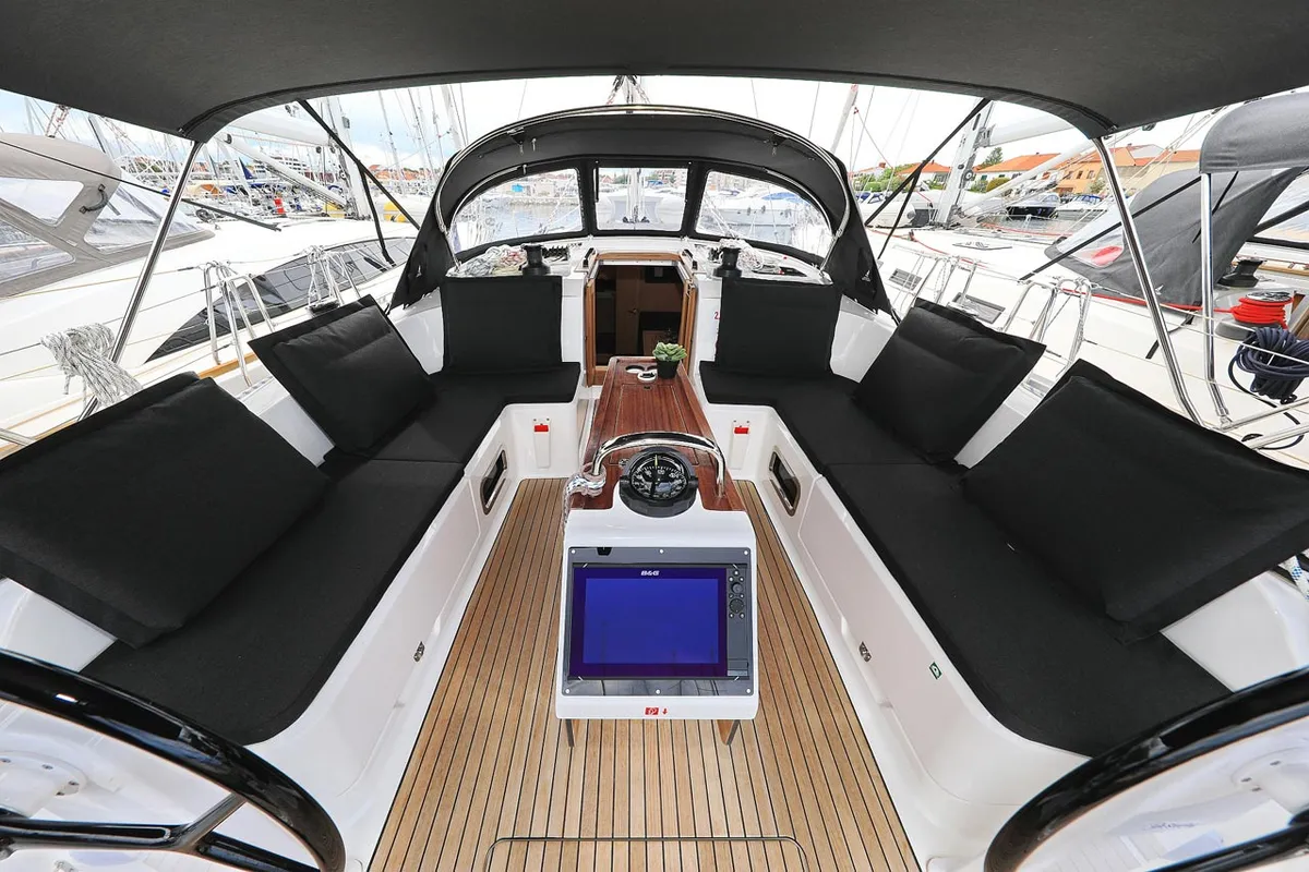 Cockpit of Abiona, a Bavaria Cruiser 46 sailboat at Grad Biograd na Moru, Croatia