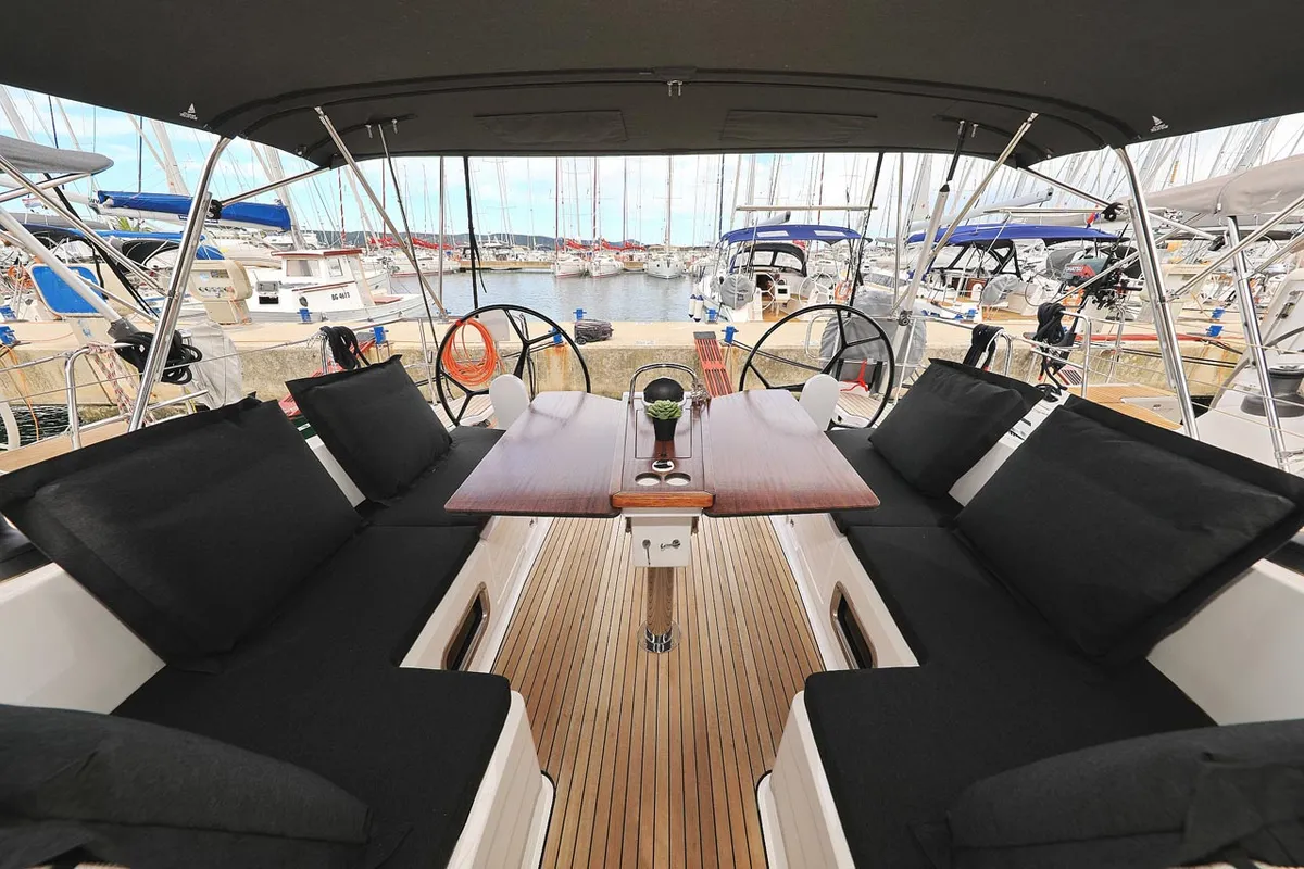 Cockpit of Abiona, a Bavaria Cruiser 46 sailboat at Grad Biograd na Moru, Croatia