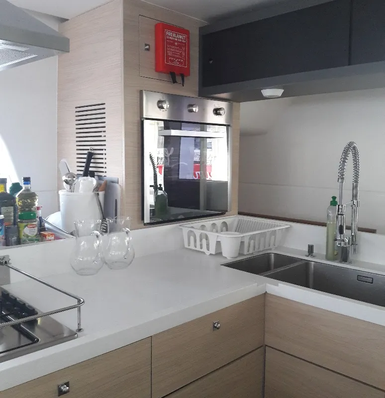 Galley of Eye Candy, a Catlante 720 catamaran at Roche Caiman, Seychelles