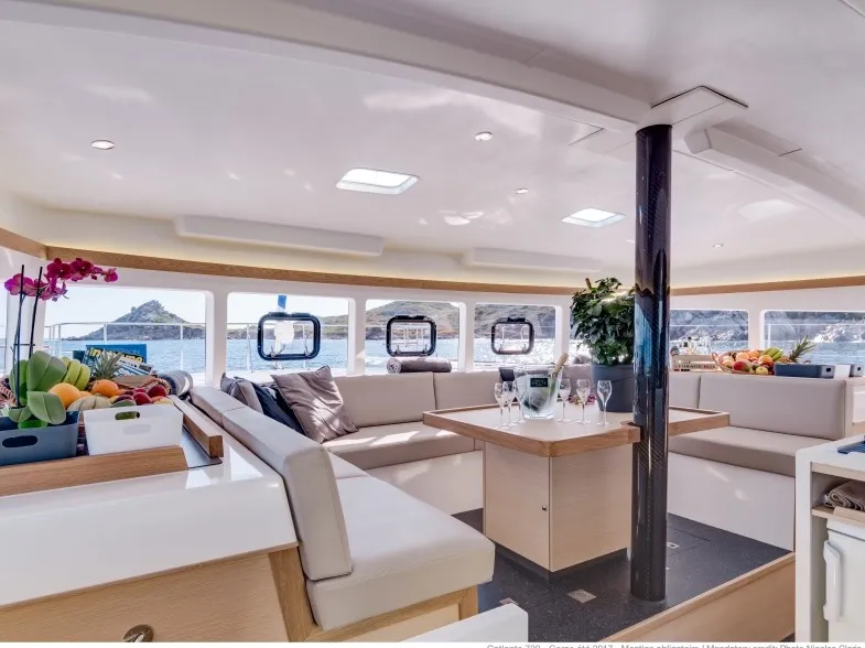 Salon of Eye Candy, a Catlante 720 catamaran at Roche Caiman, Seychelles