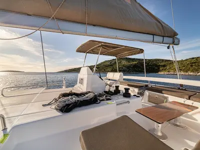 Cockpit of Bahia Serena, a Dufour 48 Catamaran catamaran at Primošten, Croatia