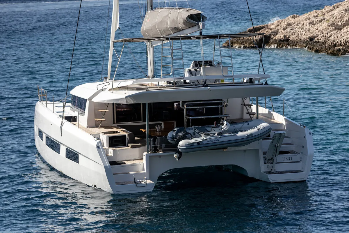 Exterior view of Bahia Serena, a Dufour 48 Catamaran catamaran at Primošten, Croatia