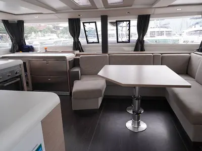 Salon of Positive Energy, a Fountaine Pajot Tanna 47 catamaran at Roche Caiman, Seychelles