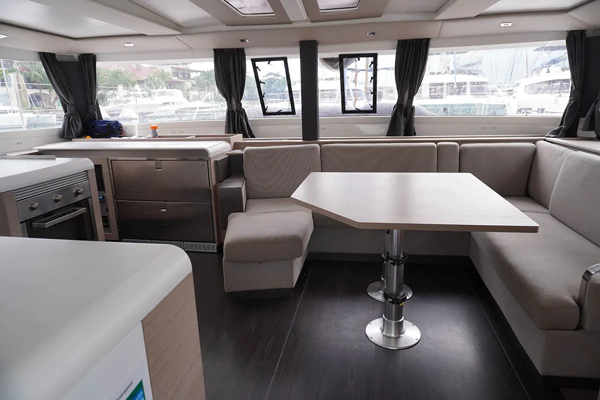 Salon of Positive Energy, a Fountaine Pajot Tanna 47 catamaran at Roche Caiman, Seychelles