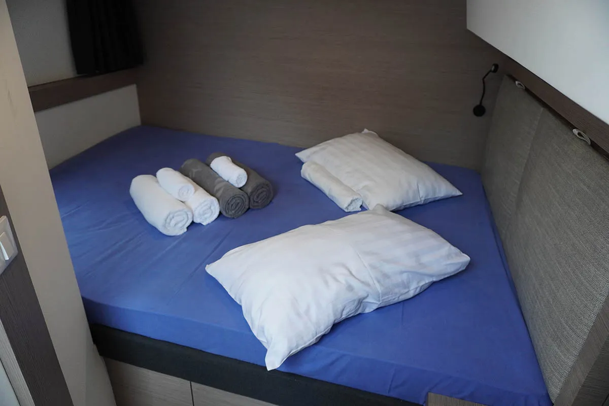 Cabin on Positive Energy, a Fountaine Pajot Tanna 47 catamaran at Roche Caiman, Seychelles