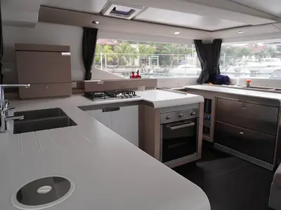 Galley of Positive Energy, a Fountaine Pajot Tanna 47 catamaran at Roche Caiman, Seychelles