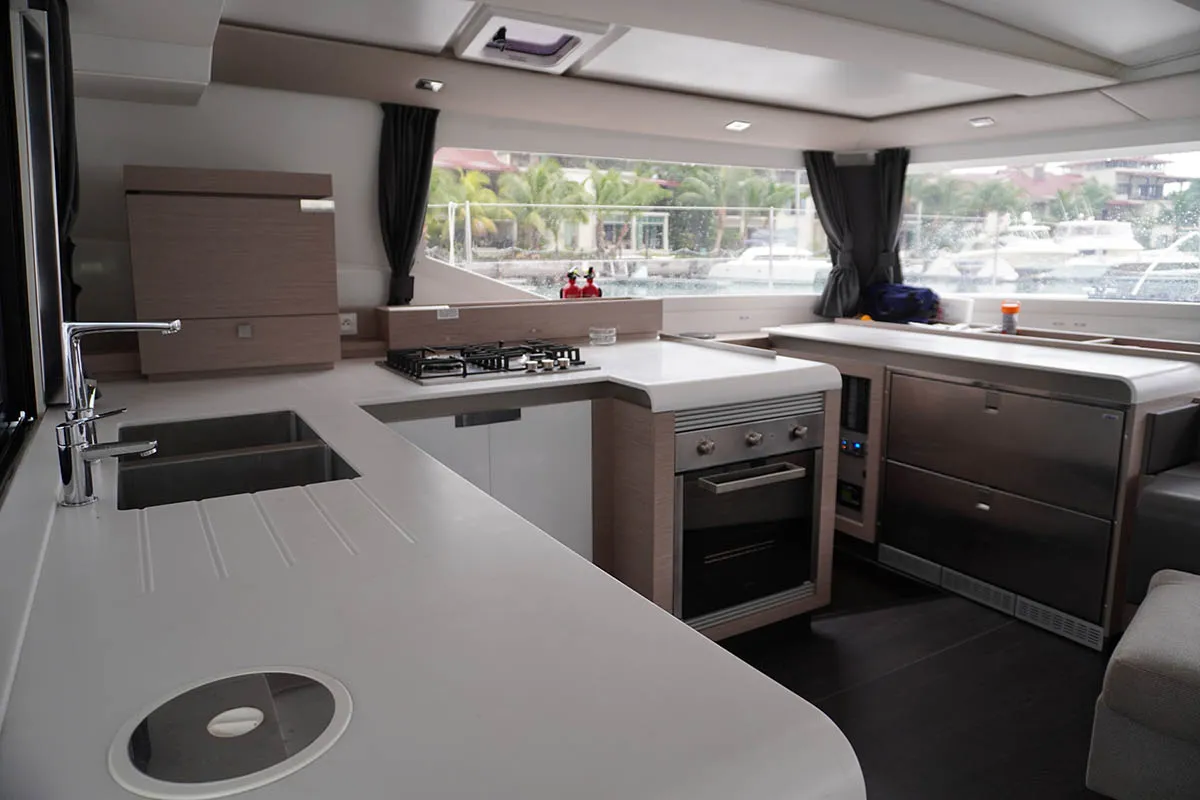 Galley of Positive Energy, a Fountaine Pajot Tanna 47 catamaran at Roche Caiman, Seychelles