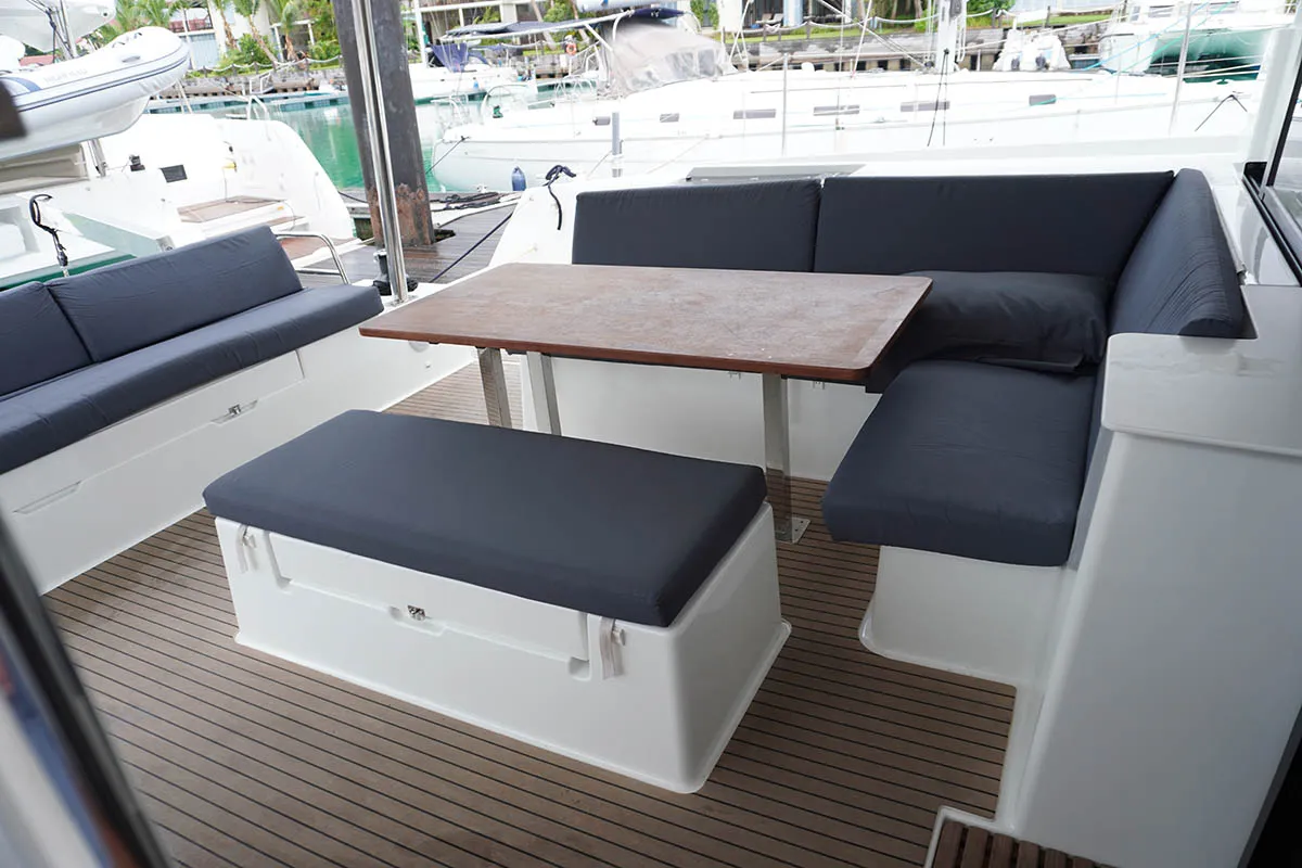 Deck of Positive Energy, a Fountaine Pajot Tanna 47 catamaran at Roche Caiman, Seychelles
