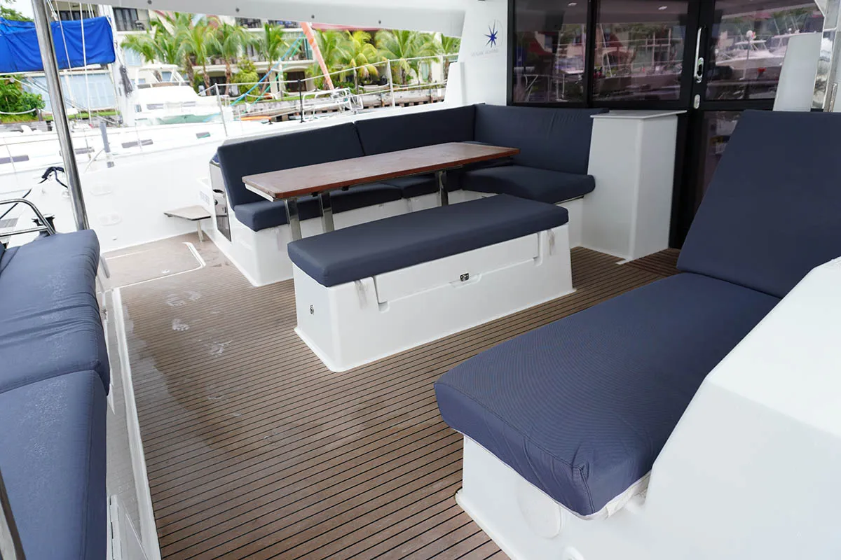Deck of Positive Energy, a Fountaine Pajot Tanna 47 catamaran at Roche Caiman, Seychelles